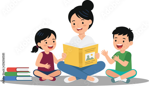 Mother or Teacher Reading Story Book to Her Happy Little Children Sitting on Floor Together Vector Illustration for Education and Family Concept