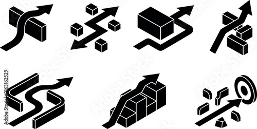 Isometric Business Arrow Icon Set Showing Growth Strategy, Overcoming Corporate Obstacles, Solution Management, Achieving Targets, and Financial Progress Concept