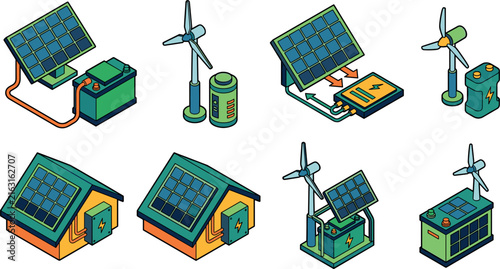 Isometric Green Energy Vector Icon Set with Solar Panels, Wind Turbines, Domestic Power Batteries, Sustainable Houses, and Ecological Electricity Supply Systems