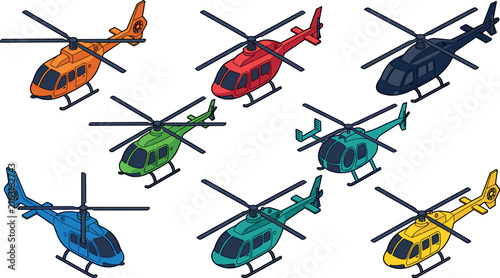 Isometric Multicolor Helicopter Vector Icon Set Featuring Air Transport Fleet, Commercial Aviation Choppers, Emergency Rescue Aircraft, and Private Flight Vehicles