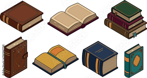 Isometric Vintage Book Icon Set Featuring Open Antique Hardcovers, Stacks of Old Literature Novels, Library Ornate Elements, and Historical Academic Education Concepts