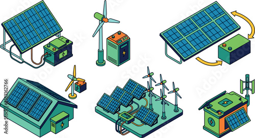 Isometric Renewable Energy Icon Set Featuring Solar Panels, Wind Turbines, Battery Storage Systems, Green House Electricity, and Eco Friendly Infrastructure Symbols