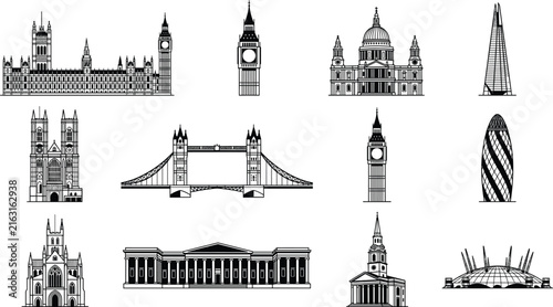 London Landmark Icon Set with Black and White Architectural Vectors of Big Ben Tower Bridge Westminster Abbey and Famous United Kingdom City Buildings