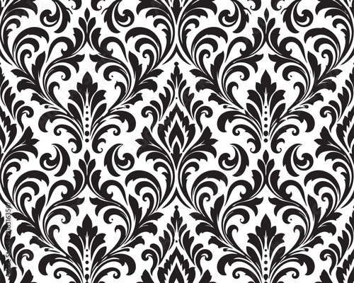 Black and white damask seamless pattern with elegant swirls and floral design
