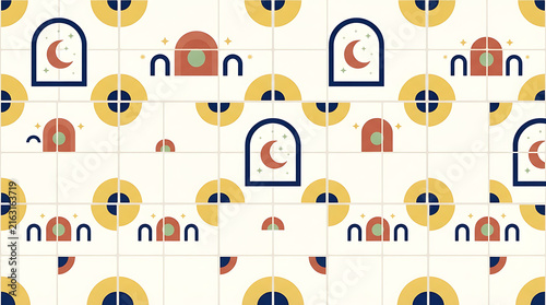 Seamless House and Tree Pattern with Vintage Vector Illustration, Decorative Wallpaper Background, Colorful Architectural Icons and Nature Elements