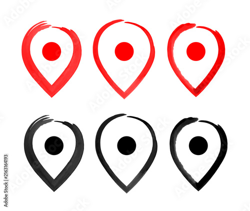 Map pin icons. Vector grunge icon set isolated on white background.
