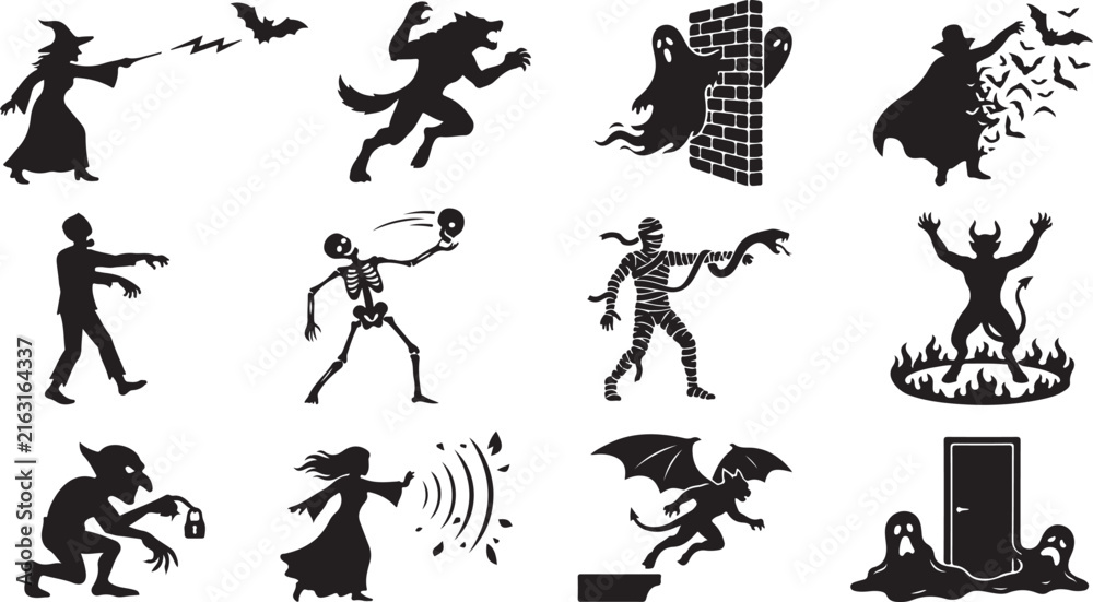 Fototapeta premium Set of black and white featuring various mythical creatures and monsters performing magical actions and spooky behaviors for halloween
