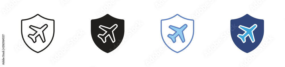 Fototapeta premium Airplane Shield Icon Set, Travel Insurance Symbols, Flight Safety, Aviation Security, Protected Travel Vector Icons