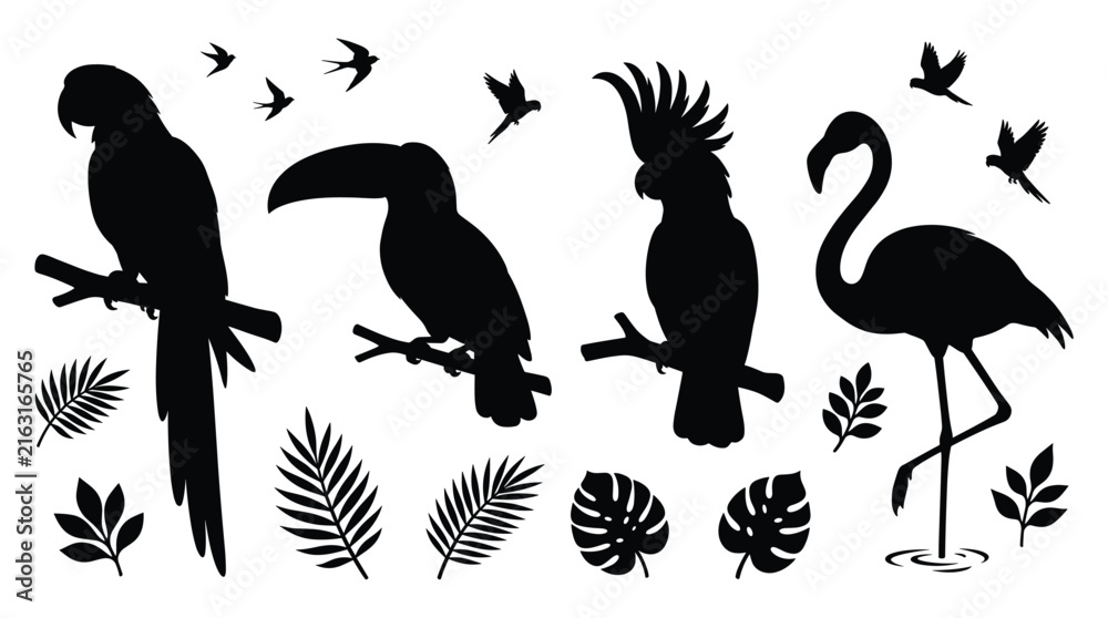 Naklejka premium Tropical bird silhouettes featuring macaw, toucan, cockatoo, and flamingo with tropical leaves on white background