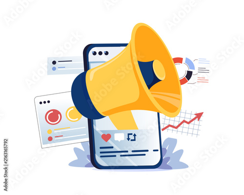 A megaphone, heart icon, and analytics dashboard come together in vector scene, capturing how brands track engagement