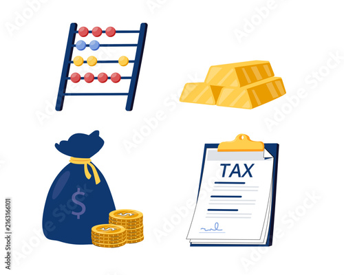 An abacus, coin, file, banknote, gold bar, and money bag come together in vector icon set, built for finance, accounting