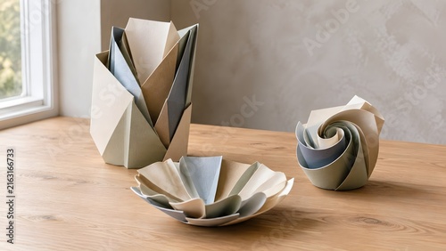 Folded paper sculptures in neutral tones rest on a light wooden surface