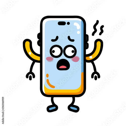 Cute cartoon smartphone character feeling extremely hot and overheating with steam effect.