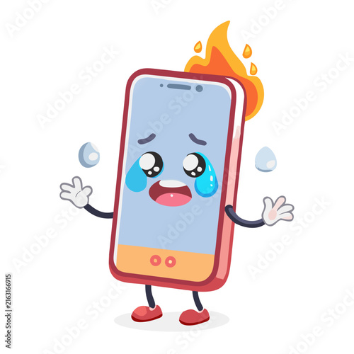 Crying cartoon smartphone character on fire with overheating battery issue concept