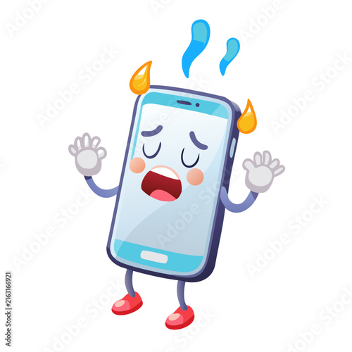 Cute cartoon smartphone character feeling extremely hot and overheating with sweat drops.