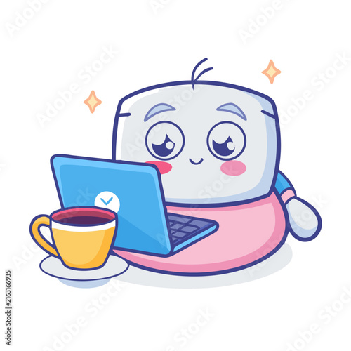 Cute cartoon character using a laptop with a coffee cup, kawaii vector illustration.