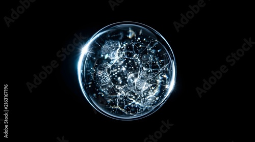 Glowing transparent liquid sphere floating in deep black space featuring complex internal bubbles symbolizing microscopic research and fluid dynamics