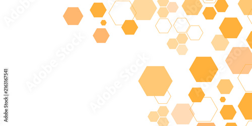 Modern honeycomb pattern featuring orange and yellow hexagon shapes on a white background, with scattered geometric elements creating a clean abstract scientific technology banner.