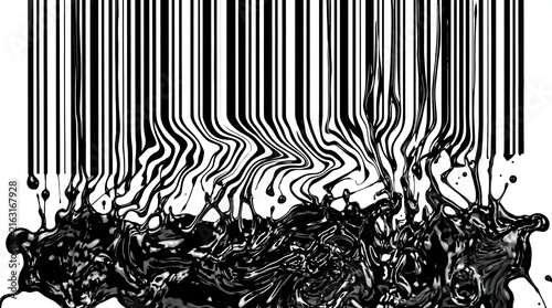 Melting black barcode transforming into sticky liquid ink against a white background representing economic collapse and retail market instability