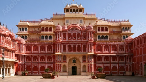 Stunning facade of the Chandra Mahal palace in City Palace, Jaipur, India. A majestic historical destination for luxury travel and architectural heritage exploration.