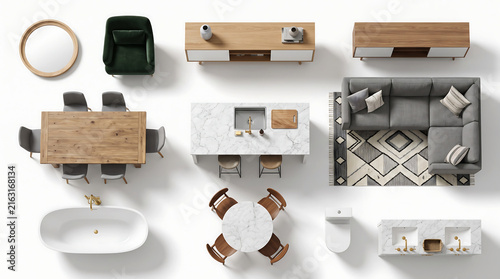 Top view collection of modern home furniture and bathroom interior accessories for architectural design projects