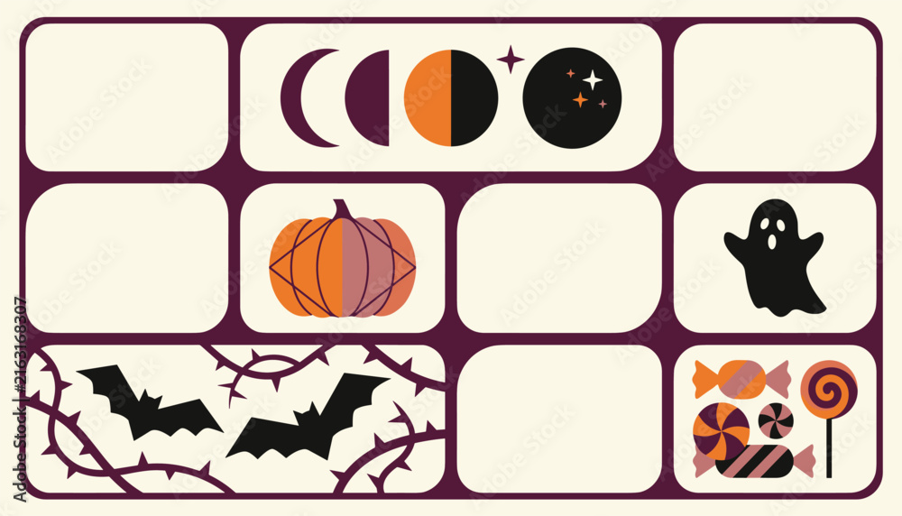Fototapeta premium Halloween Grid Template with Ghost, Pumpkin, Bats and Candy