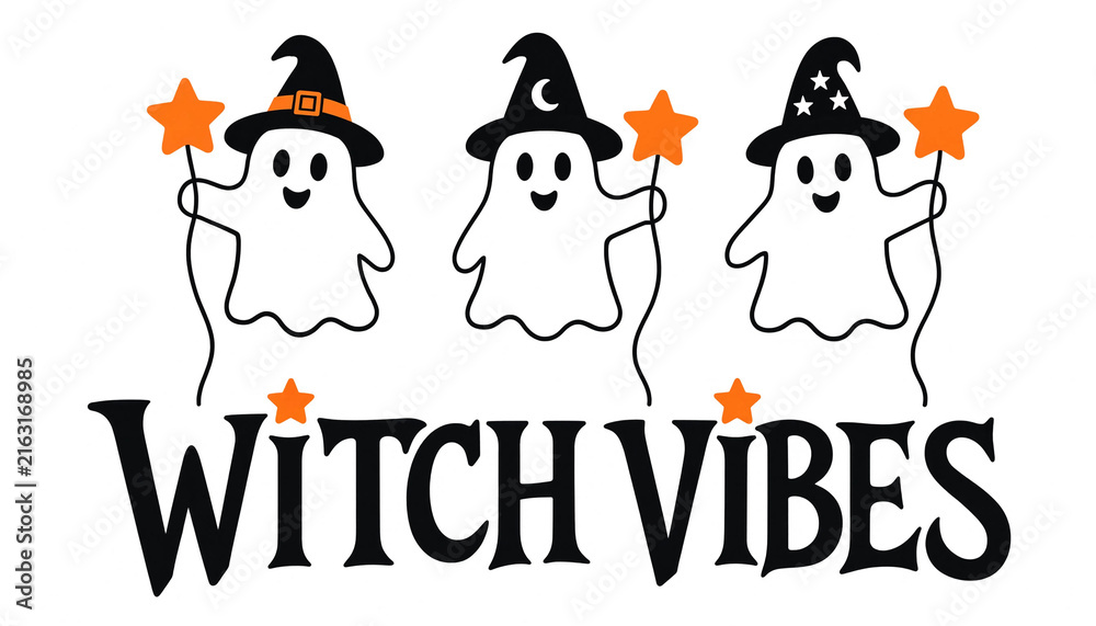 Fototapeta premium Witch vibes spooky halloween design with cute ghosts in witch hats holding orange star wands halloween typography seasonal background celebration mystical friendly greeting creative