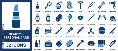 Fotografía Collection of thirty two blue beauty and personal care featuring lipstick, hairb