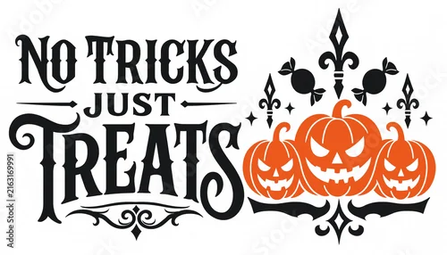 Fototapeta na wymiar No tricks just treats halloween t shirt design with scary jack o lanterns jack o lantern fleur de lis halloween celebration typography template illustration decorative seasonal