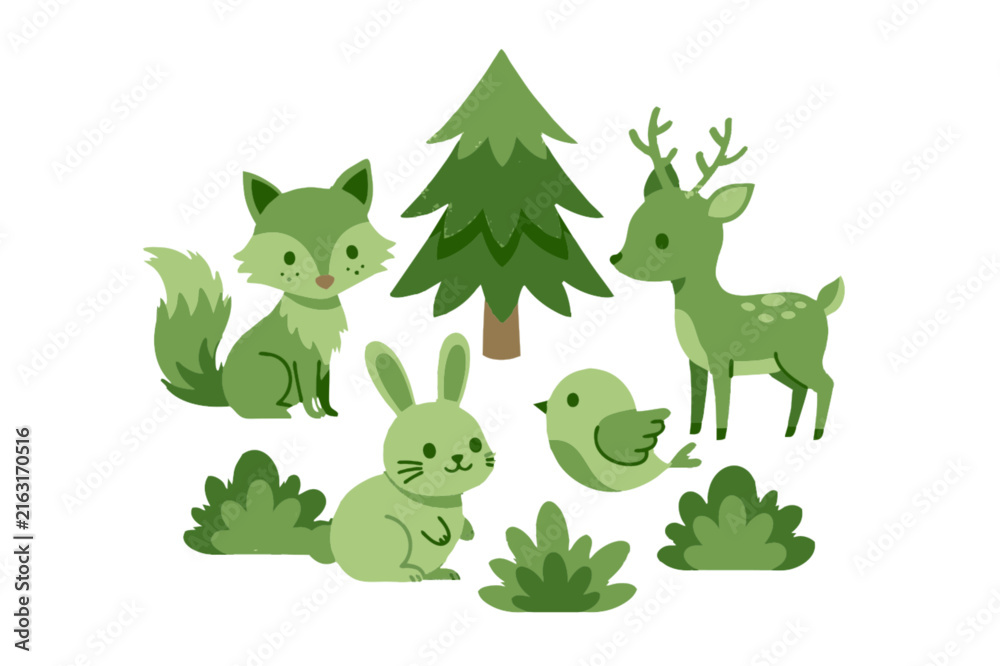 Fototapeta premium Charming green forest animals, a fox, deer, rabbit, and bird, surround a pine tree and lush bushes in a delightful illustration that evokes a sense of playful woodland wonder and eco-friendliness.
