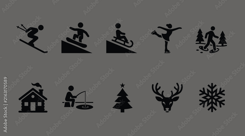Fototapeta premium Winter sports and outdoor activity vector icon set in black silhouette. This collection features skiing, snowboarding, and ice fishing. Perfect for seasonal holiday graphic designs.