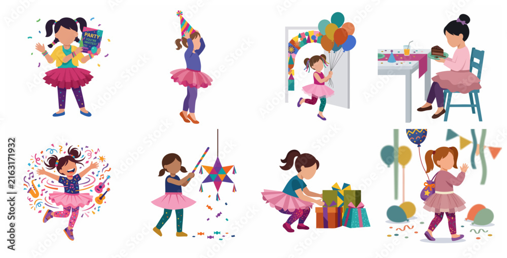 Fototapeta premium Set of cute little girls celebrating birthday party with balloons, gifts, cake and piñata illustrations