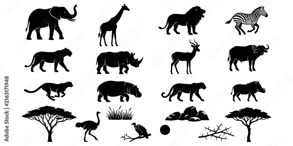 Obraz premium A diverse collection of african wildlife silhouettes features elephants giraffes lions zebras rhinos and iconic savannah trees in dark monochrome style