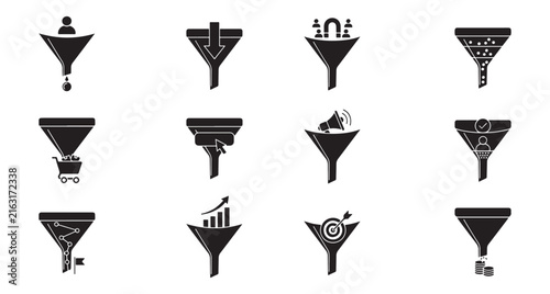 Funnel Icons Set, Various Styles and Shapes, Representing Marketing, Sales, and Data Flow Processes