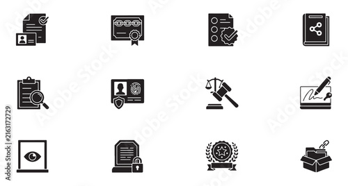 Legal Icons Set with Documents, Contracts, and Justice Symbols. Illustration of Legal Concepts, Agreements