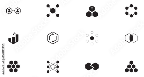 Abstract Icon Set with Geometric Shapes, Network Diagrams, and Minimalist Design Elements