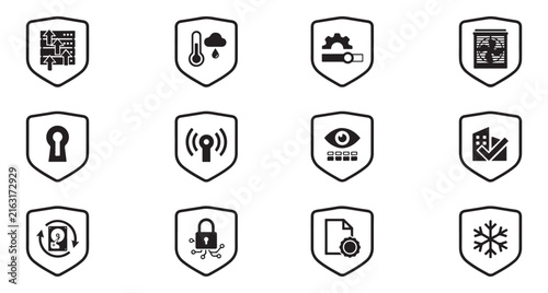 Security Icons Set with Shield Shapes, Padlock, Fingerprint, and Network Symbols