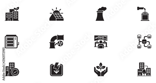 Industry Icons Set with Factory, Solar Panel, Chimney, and Water Tower. Manufacturing, Energy