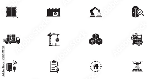 Logistics Icons Set with Boxes, Trucks, Cranes, and Automation. Supply Chain Management Illustration