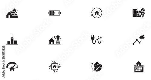 Home Automation Icons Set with Solar Panel, Battery, Smart Home, Security Camera, and Energy Symbol Design