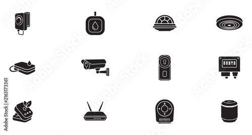 Security System Icons Set with Camera, Lock, Router, and Sensor Illustrations Featuring Home, Automation