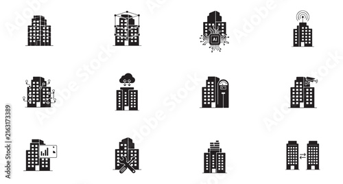 Building Icons Set with Modern Architecture, Smart City Elements, and Technology Symbols