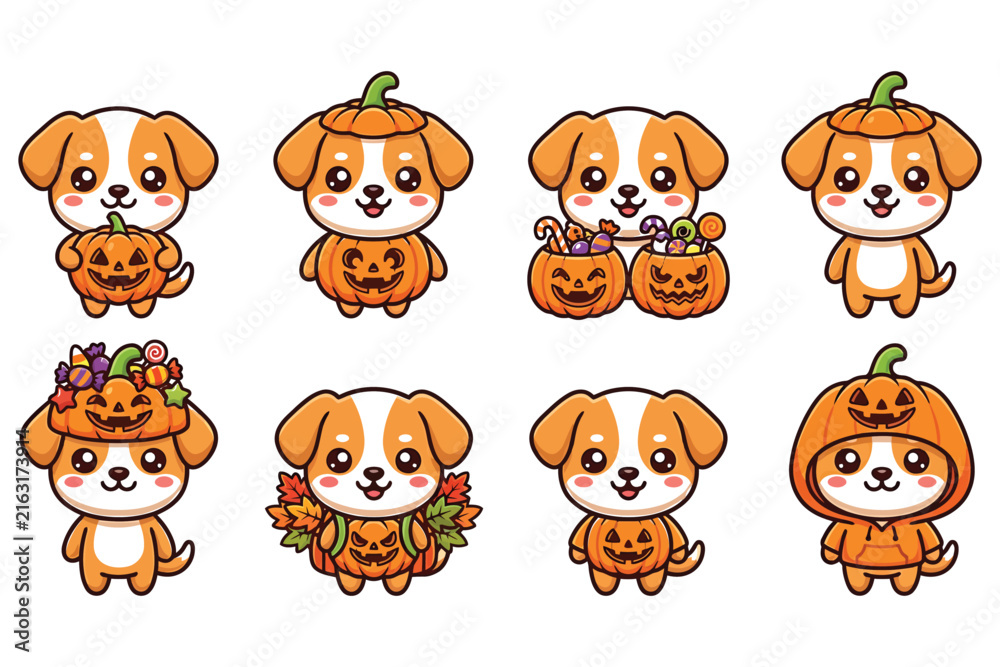 Fototapeta premium Cute cartoon puppy vector set with pumpkins and candy for halloween holiday themed design elements.