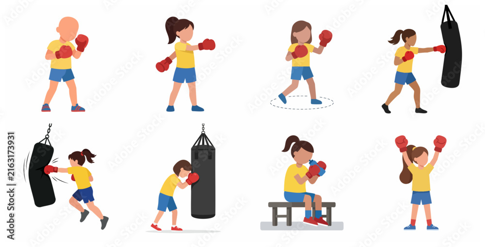 Fototapeta premium Set of Kids Boxing and Training Illustrations with Punching Bags and Boxing Gloves in Flat Vector Style
