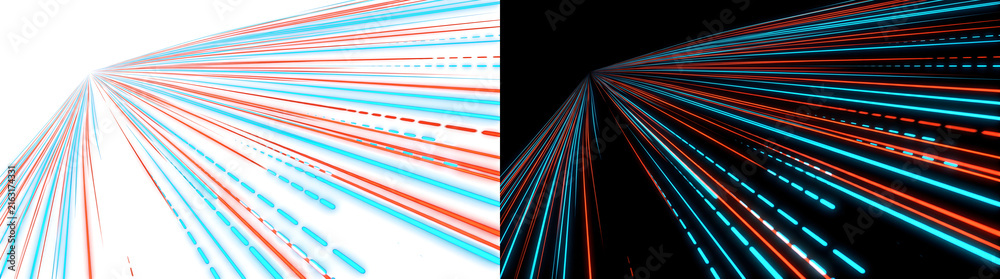 Fototapeta premium Technology background with cyan orange neon rays bursting outward alongside dashed light line accents for digital designs, PNG, Transparent and Black Background Versions