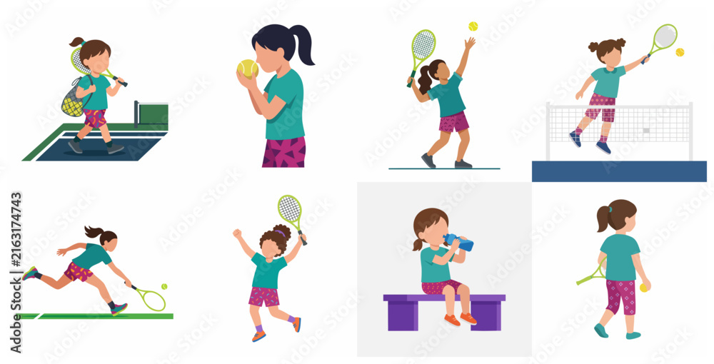 Fototapeta premium Flat Vector Illustration Set of a Young Girl Playing Tennis in Different Poses and Actions