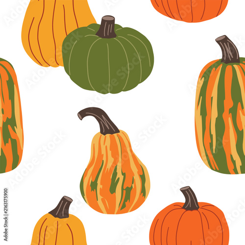 Seamless autumn pumpkin pattern with assorted gourds in orange