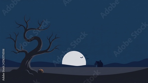 Haunting moonlit scene with bare tree and flying bats over dark landscape