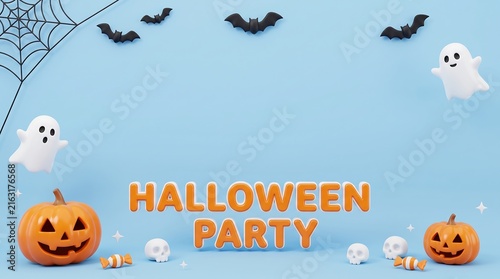 Happy halloween party with jack o lanterns, ghosts, and bats in a fun pixel art style