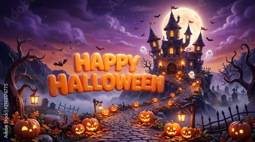 Happy halloween scene with glowing jack o lanterns and haunted castle under a moonlit sky